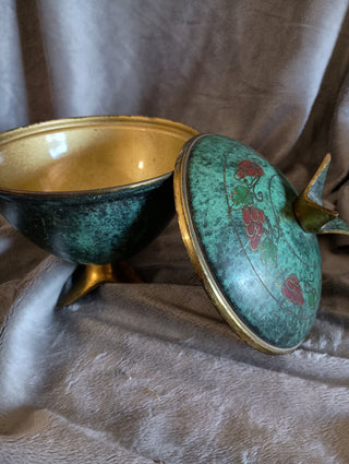 Vintage brass& verdigris enamel canister