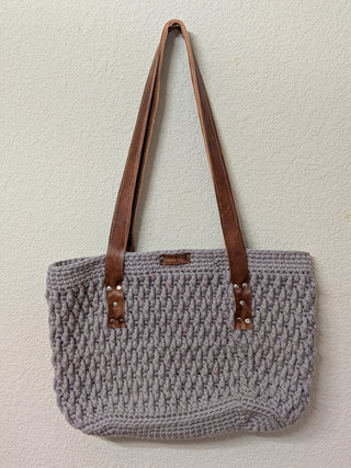 Crochet large grey tote w/ faux leather handle