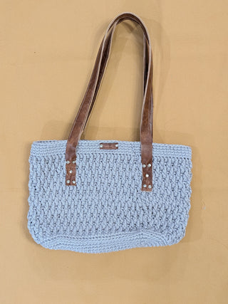 Crochet large grey tote w/ faux leather handle