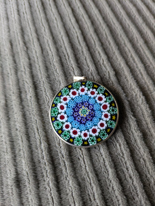 Vintage Italian 800 Silver Murano Millefiori Pendant Large 1.5” Mosaic Pendant