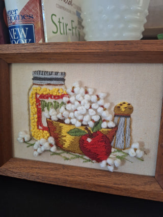 1970's 3D Crewel Popcorn and Apple Kitchen Wall Art