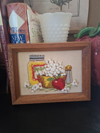 1970's 3D Crewel Popcorn and Apple Kitchen Wall Art
