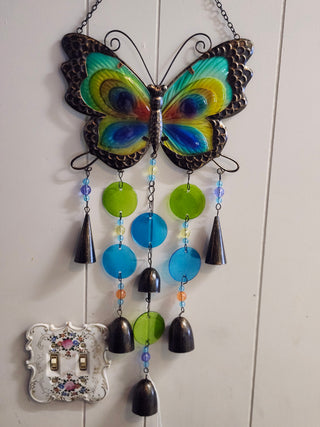 Beautiful stained glass metal butterfly wind chime thirty one inches long