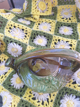 Vtg 1940s McCoy  Daisy Teapot Green & Brown Drip Glaze