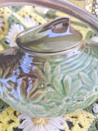 Vtg 1940s McCoy  Daisy Teapot Green & Brown Drip Glaze