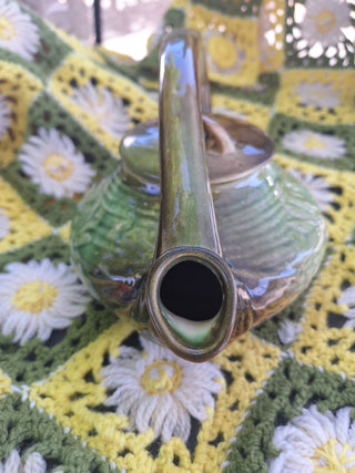 Vtg 1940s McCoy  Daisy Teapot Green & Brown Drip Glaze