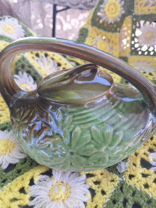 Vtg 1940s McCoy  Daisy Teapot Green & Brown Drip Glaze