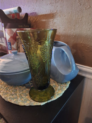 Indiana Glass Harvest Grape Green Footed Vase 10" MCM