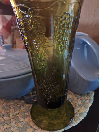 Indiana Glass Harvest Grape Green Footed Vase 10" MCM