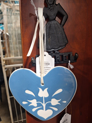 Vtg Handmade Blue Ceramic Heart Ornament Folk Art Tulip