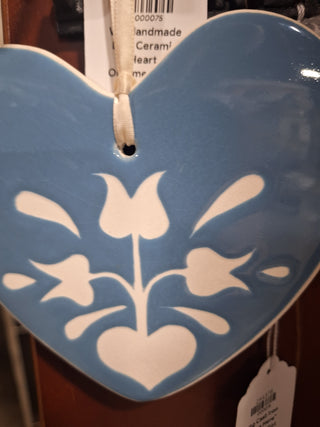Vtg Handmade Blue Ceramic Heart Ornament Folk Art Tulip