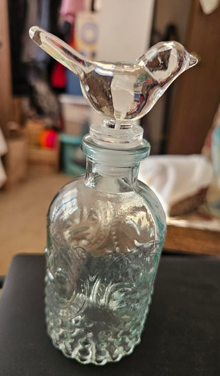 Vintage 1980s  Glass Bottle W/Crystal Bird