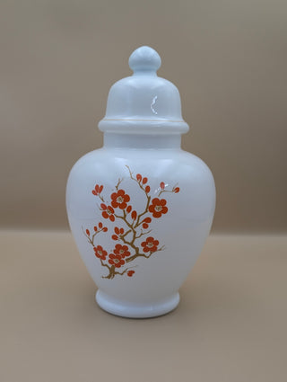 White Cherry Blossom Milk Glass Ginger Jar
