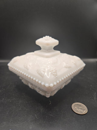 VNT Milk Glass Lidded Candy Dish Fol