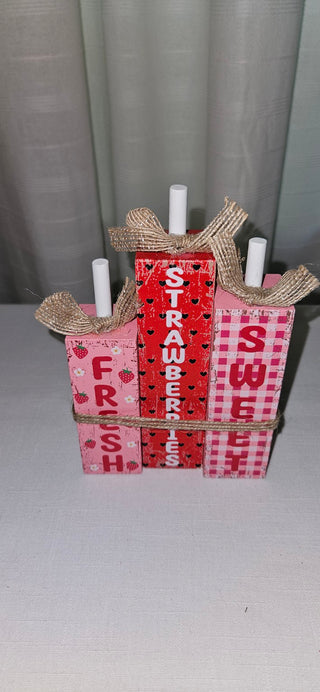 Strawberries Flowers Sweet Rustic Wood Block Decor