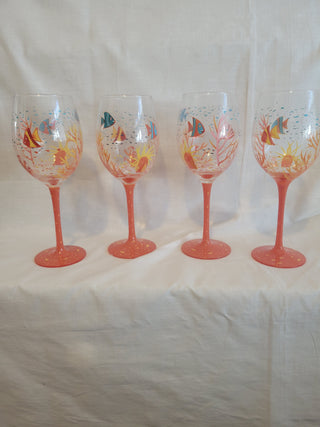 Ocean Theme w/Fish Wine Goblets - Set of 4