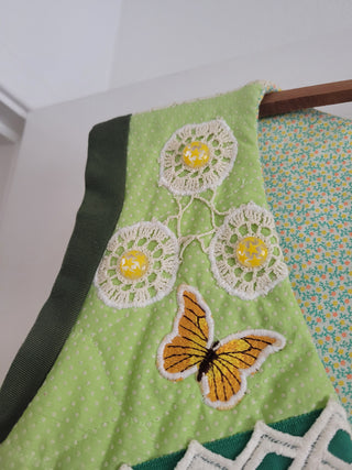 Handmade Green Patchwork Vest w/Butterflies