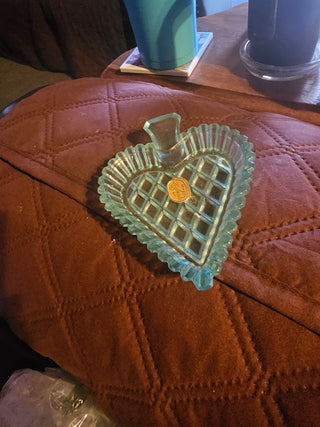 Vintage Bohemia Glass Blue Heart Trinket Dish / Nappy - Made in Czechoslovakia