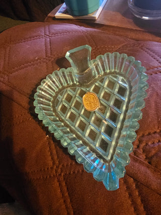Vintage Bohemia Glass Blue Heart Trinket Dish / Nappy - Made in Czechoslovakia