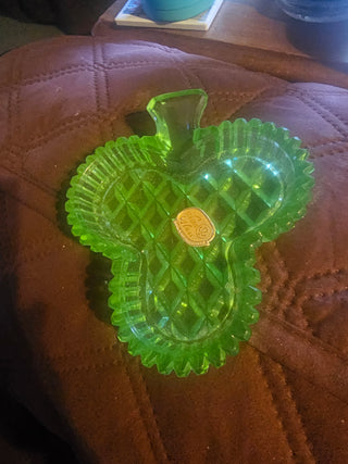 Vintage Czech Chartreuse Green Glass Shamrock Clover Candy Dish with Handle & Label