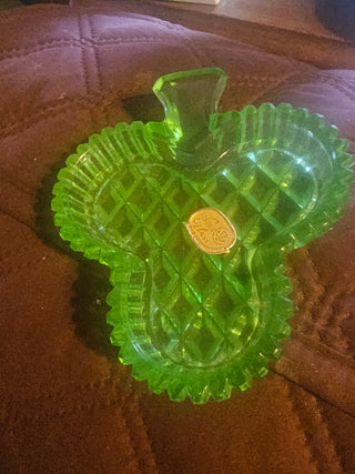 Vintage Czech Chartreuse Green Glass Shamrock Clover Candy Dish with Handle & Label