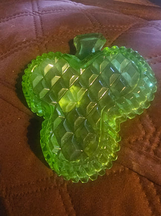 Vintage Czech Chartreuse Green Glass Shamrock Clover Candy Dish with Handle & Label