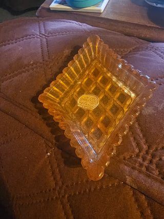Vintage Bohemia Glass Amber Diamond Shaped Trinket Dish Czech Waffle Pattern Sticker