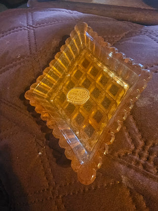 Vintage Bohemia Glass Amber Diamond Shaped Trinket Dish Czech Waffle Pattern Sticker