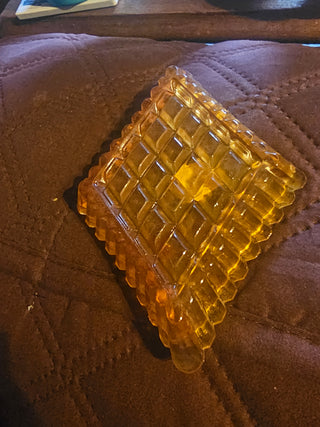 Vintage Bohemia Glass Amber Diamond Shaped Trinket Dish Czech Waffle Pattern Sticker