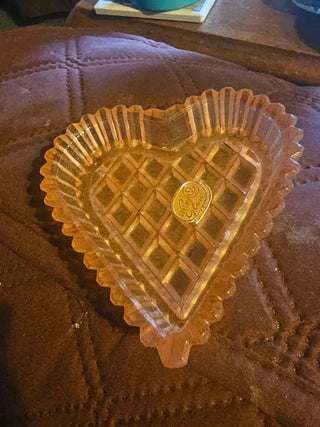 Vintage Bohemia Pink Glass Heart Trinket Dish Czech Waffle Pattern (Original Sticker
