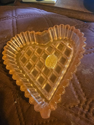 Vintage Bohemia Pink Glass Heart Trinket Dish Czech Waffle Pattern (Original Sticker