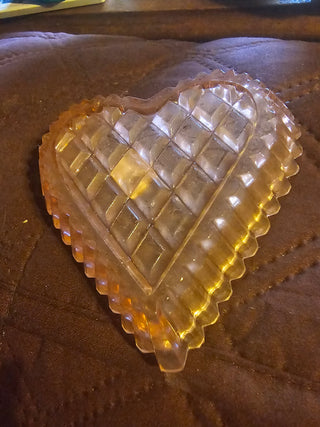 Vintage Bohemia Pink Glass Heart Trinket Dish Czech Waffle Pattern (Original Sticker