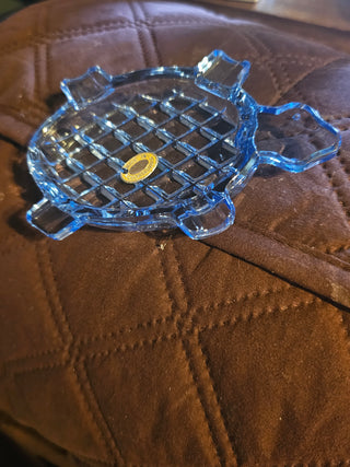 Vintage Blue Czech Glass Turtle Trinket Dish / Ashtray