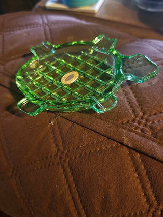Vintage Green Czech Glass Turtle Trinket Dish / Ashtray
