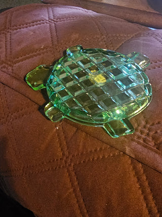 Vintage Green Czech Glass Turtle Trinket Dish / Ashtray