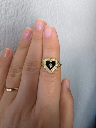 Heart signet black enamel gold tone ring size 7