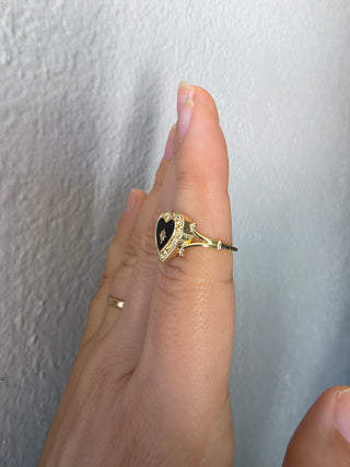 Heart signet black enamel gold tone ring size 7