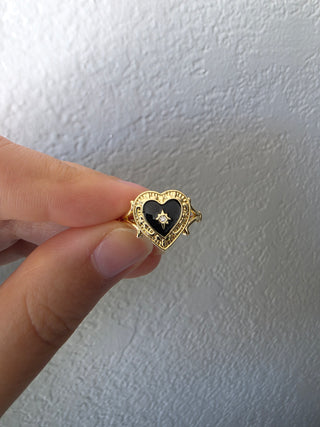 Heart signet black enamel gold tone ring size 7