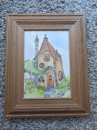 Original Art! Watercolor painting, vintage frame, Whimsical house