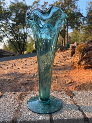 11.5” aqua blue trumpet glass vase