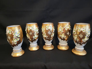 Set of 5 Vtg Bohemian White W/Gold Czech Glasses RCD|96278