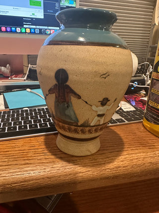 Tonala hand painted mexican pottery vase - women & children. 7.5"|57727