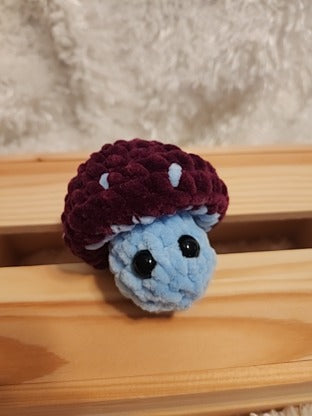 Mushroom Fidget Popper: Crocheted wine red/ light blue