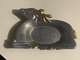 Vtg 7.5" Pewter & Brass Deer Trinket Dish--SP MTS