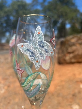 BB Set of 6 NWT Romanian Euroglass 10” Floral Champagne Flutes