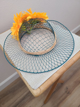 Decorative Blue Wire Wall Hat w/Silk Sunflowers & Raffia RCD|74731