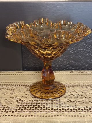 Vintage Fenton Amber Glass Compote Thumbprint Pattern with Ruffle Edge-RCD|79107