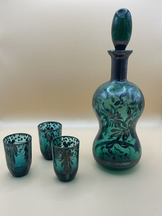 Vintage Italian Green Glass Decanter with topper and 3 glasses RSV|81728