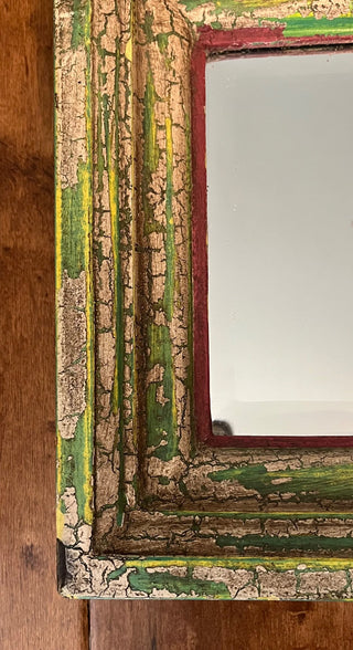 HEAVY SMALL GREEN DISTRESSED MIRROR 11" SQUARE 2" THICK GREAT CONDITION  (KJS) RCD