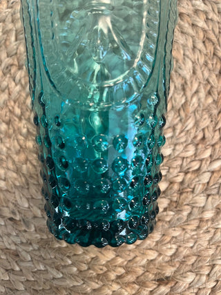 6 TURQ PRESSED GLASS TUMBLERS FLEUR DE LIS